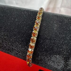 Vtg Silvertone Elastic‎ Bracelet With Amber Colored Gems